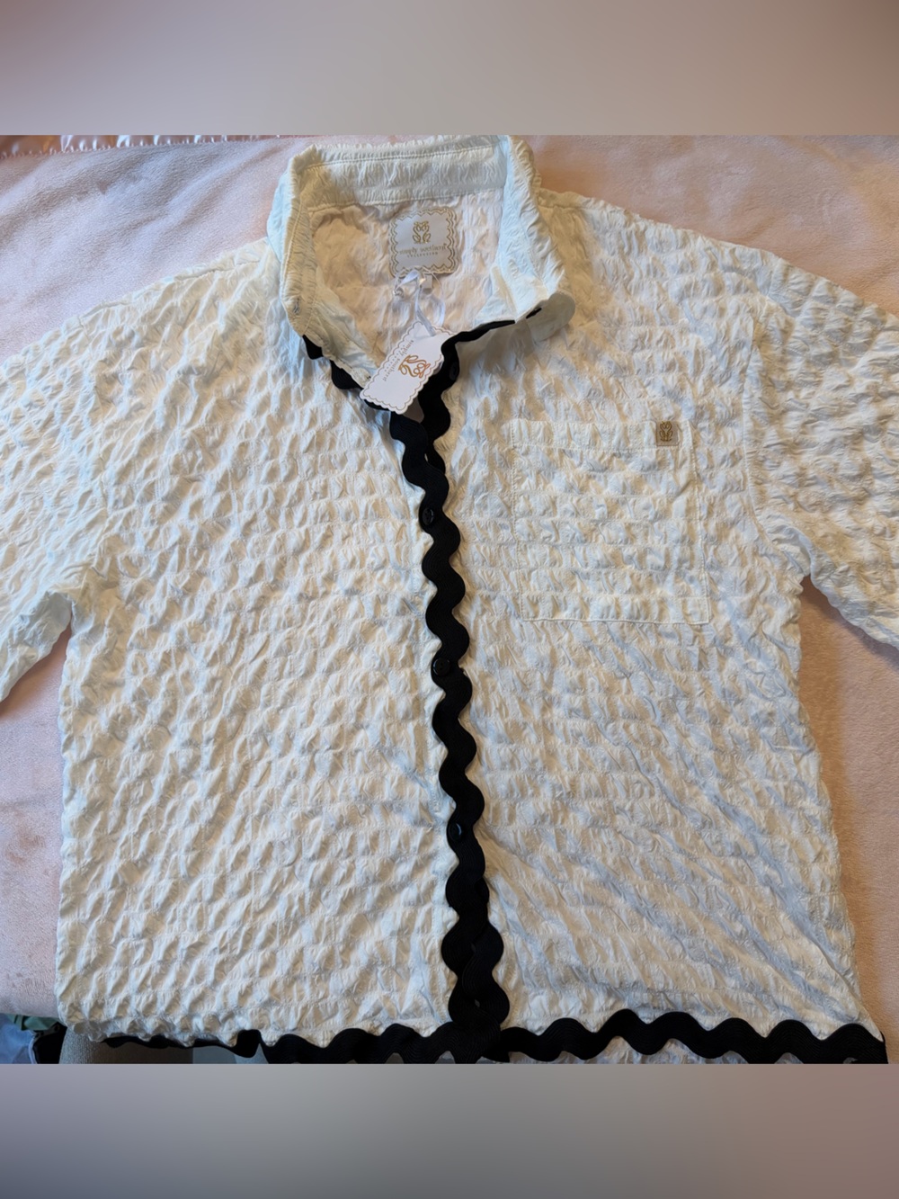 Simply Southern White Textured Top with Black Scalloped Trim